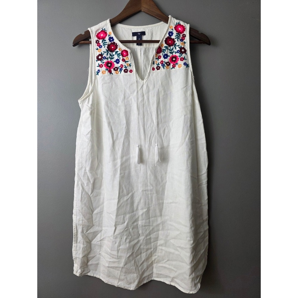 Gap Womens White Floral Embroidered Sleeveless Tassel Shift Dress Medium